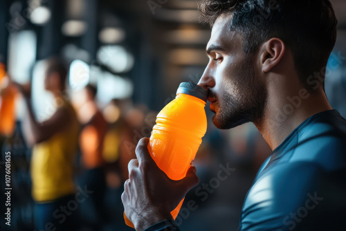 Man in gym drinking sports drink, looking focused and determined