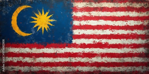 Grunge Textured Malaysia Flag With Blue Field, Yellow Crescent, And Red And White Stripes.