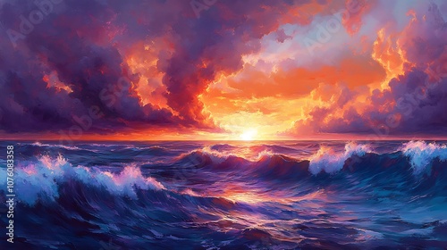 A tranquil ocean at sunset with smooth, glassy water fading into a raging storm with towering waves and heavy clouds, vibrant sunset colors meeting dark, moody shadows. --ar 16:9