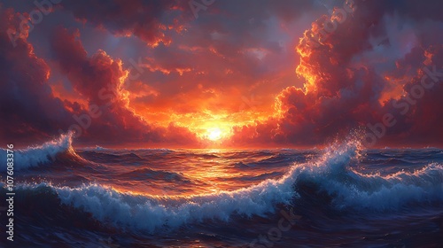 A tranquil ocean at sunset with smooth, glassy water fading into a raging storm with towering waves and heavy clouds, vibrant sunset colors meeting dark, moody shadows. --ar 16:9