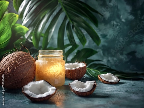 Glowing Coconut Oil Jar Surrounded by Fresh Tropical Leaves on Kitchen Table Natural Skincare and Wellness Concept