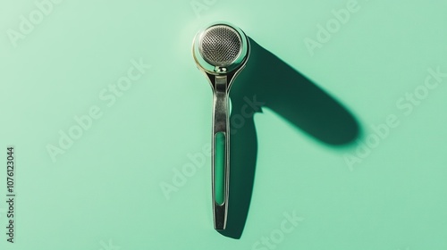 A minimalist image of a garlic press isolated against a solid green background. The sturdy design of the press stands out against the vibrant background, emphasizing its functional simplicity. 