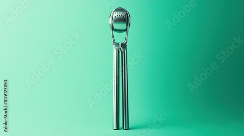 A minimalist image of a garlic press isolated against a solid green background. The sturdy design of the press stands out against the vibrant background, emphasizing its functional simplicity. 