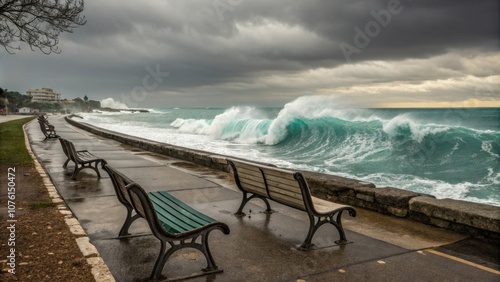 Empty benches along the coastline and a large aquamarine wave during a storm