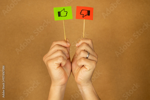 Male hand holding two flags with like and dislike symbols on red and green pieces of paper on a brown background, concept of acceptance and dislike