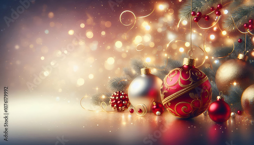 Christmas festival background with spruce elements and fairy ball decorations