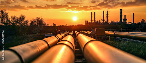 Industrial plant featuring oil and gas production pipes against a vibrant sunset sky in a photorealistic style, representing petrochemical power