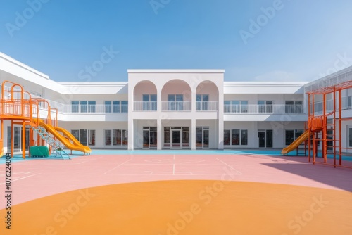 2408_058.Exterior view of modern public school building with playground.