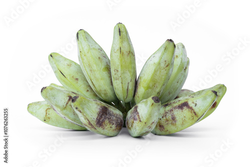 Bunch of raw Musa Silver Bluggoe bananas The Thai name is Kluai Hak Mook isolate on white background.