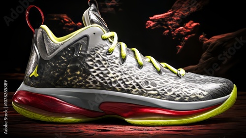 A close-up of a gray, black, red, and yellow basketball shoe with textured upper and a red and yellow sole.