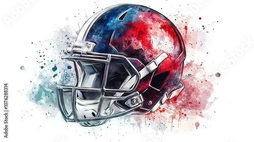 A red and blue American football helmet with a white stripe and a silver facemask on a white background with red and blue watercolor splatters.