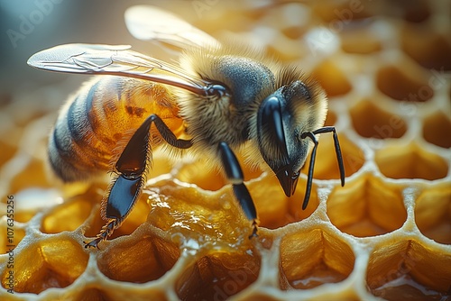 Bee buzzing near a honeycomb filled with golden honey