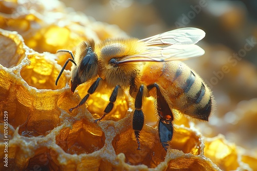 Bee buzzing near a honeycomb filled with golden honey