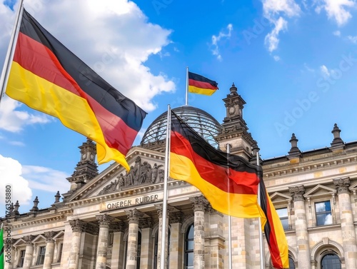 The vibrant colors of German flags dance in the wind beside the majestic Reichstag building, set against a brilliant blue sky with fluffy clouds on a lovely day in Berlin.