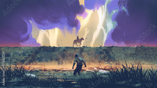 A lone man observes a distant horseman standing on a massive rock in a dramatic, natural landscape, digital art style, illustration painting