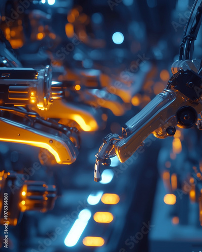 multiple robotic arms in unison on an assembly line with orange lighting in a high-tech factory