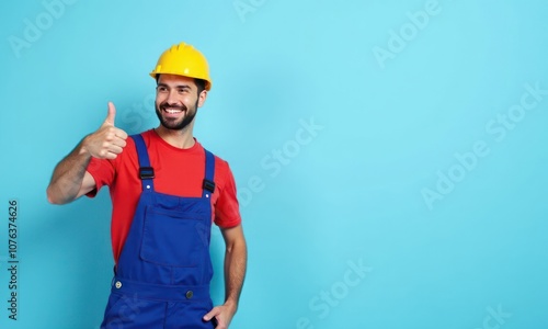 Man in construction-themed clothes, including yellow hard hat and blue jumpsuit, on blue background. His thumbs up indicates approval or satisfaction, perhaps indicating successful completion task