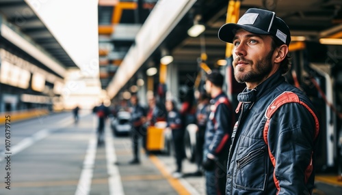 Racer Ready: A determined race car driver stands in the pit lane, focused and ready for the challenge ahead. His gaze is fixed on the horizon, embodying the spirit of speed, competition.