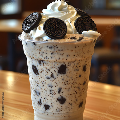 Mouthwatering cookies and cream frappuccino topped with whipped cream and chocolate cookies, perfect for refreshing treat