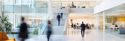 A blurred photograph of business people walking up and down the stairs in an office building made of glass with steel frames. Blurred motion