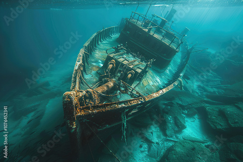 Underwater view of an sunken ship on seabed with fish swimming around