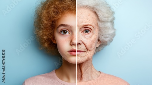 A compelling side-by-side portrait of youthful innocence and the wisdom of old age, capturing the emotional and visual contrast across a split face imagery.