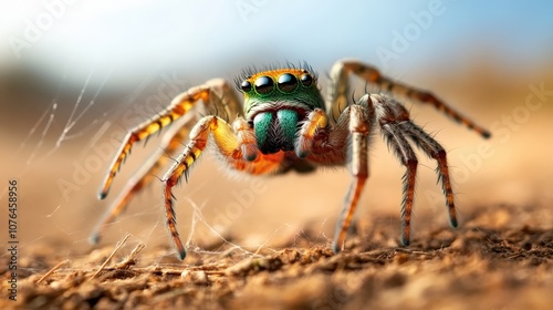 A striking macro shot of a colorful jumping spider with a vibrant green abdomen on a brown surface, showcasing its impressive detail and vivid coloration against the light.