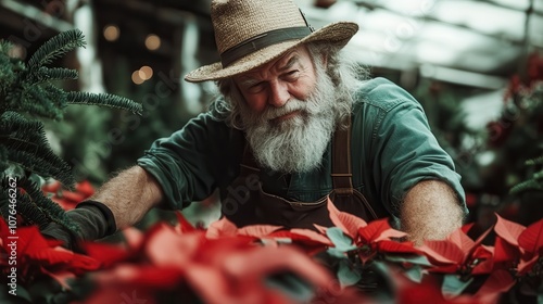 A white-bearded man with a straw hat and overalls busily tends to red poinsettias, embodying the spirit of holiday preparation and dedication in a lush environment.