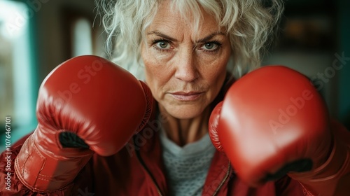 An assertive woman with distinctive gray hair and red boxing gloves stares intently at the camera, embodying confidence, strength, and readiness in a training setting.