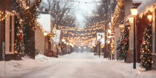 A cozy winter street adorned with Christmas lights and decorations, creating a warm holiday ambiance amid falling snow.