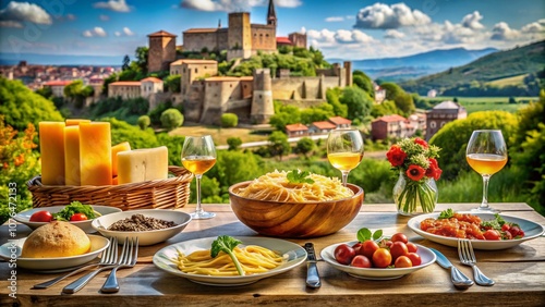 Exquisite Italian Cuisine Presented Against the Historic Backdrop of Melfi Castle, Showcasing Food Artistry and Culinary Tradition in a Scenic Setting