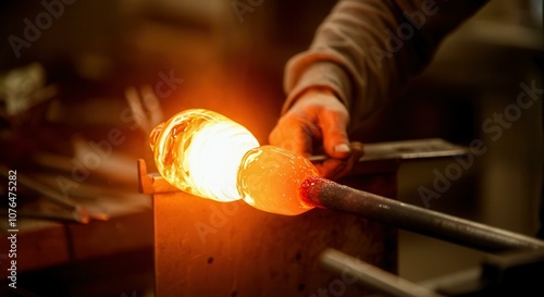 Glassblowing artisan crafting in workshop with glowing molten glass