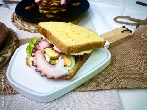 Sándwich de pulpo con lechuga y tomate seco