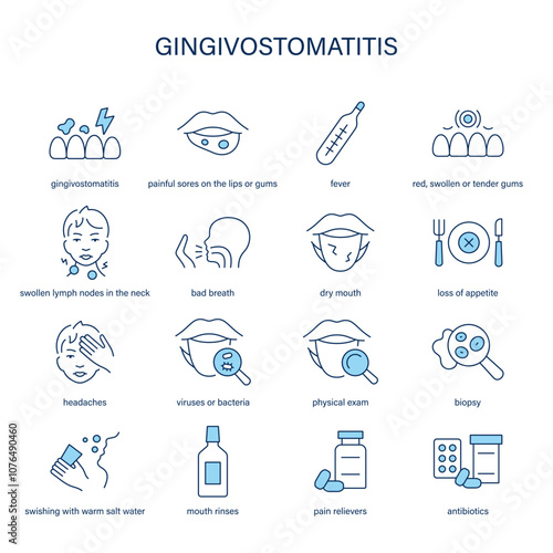 Gingivostomatitis symptoms, diagnostic and treatment vector icon set. Medical icons.