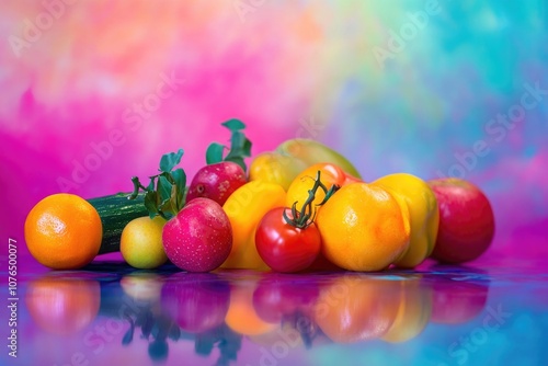 A colorful arrangement of fruits and vegetables on a table, perfect for a still life or editorial use