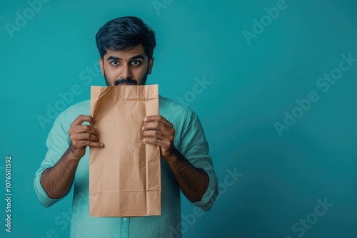 A person shielding their face with a brown paper bag, possibly to avoid inhaling something or protecting themselves from an unpleasant smell