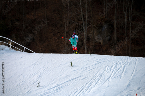 Biathlon Stock photo. Female biathlon athlete on horizon while winter training