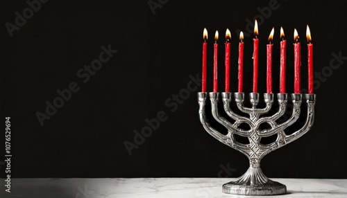 A Hanukkah menorah with red candles lit against a black background, representing the Jewish Festival of Lights in a solemn and traditional setting.