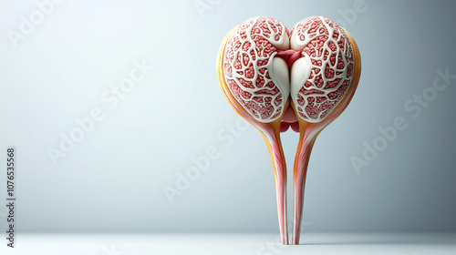 Anatomical illustration depicting a human brain viewed from below, showcasing the brainstem and cerebellum with a detailed network of veins and arteries.