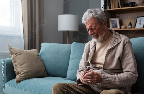 Senior man, widower or divorced, feeling sad, worry, abandoned and depressed, sitting alone at home, crying. Loneliness and sadness of older male with white hair and beard.