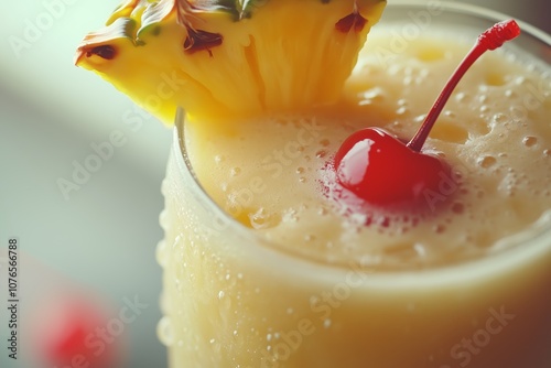 Refreshing pineapple cocktail decorated with maraschino cherry and pineapple slice