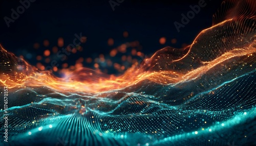 Luminous orange and teal waves of light and particles flow across a dark background, creating a dynamic abstract digital landscape.