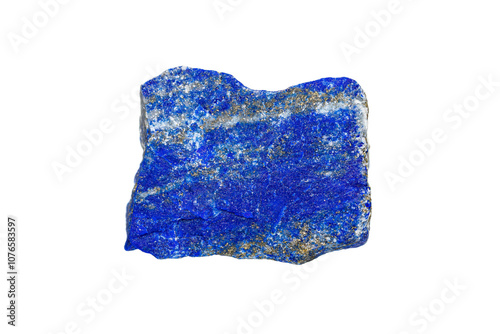 Natural rough Lapis lazuli gemstone on white background, semi-precious stone that contain Lazurite, Sodalite, Calcite and Pyrite mineral (selective focus)