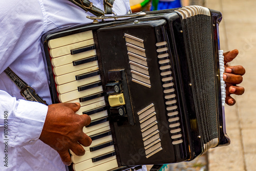 Hands of accordionist playing his instrument during a religious festival in the streets of Belo Horizonte, Brazil