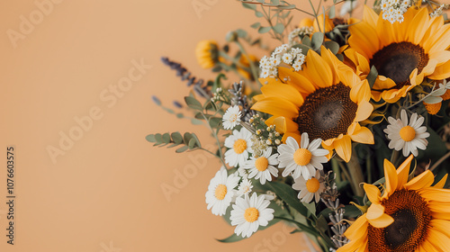 Bouquet of Sunflowers, Daisies, and Lavender on Textured Background