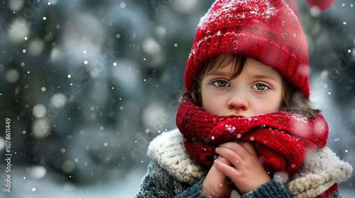 Sad and miserable little boy, child in winter clothes on a winter background. Concept of poverty, loneliness, health problems, orphanhood and depression in children. 