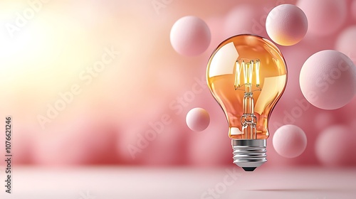 A light bulb appears to be magically floating in the air, surrounded by soft, pastel pink spheres that give off a tranquil and ethereal vibe