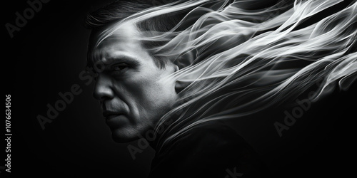 Ethereal smoke wisps emanating from a mysterious man's profile against dark background