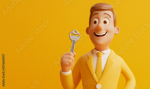 Tenant or customer icon holding a key, symbolizing moving into a rental property with copy space, using well in web and app interfaces and advertise.