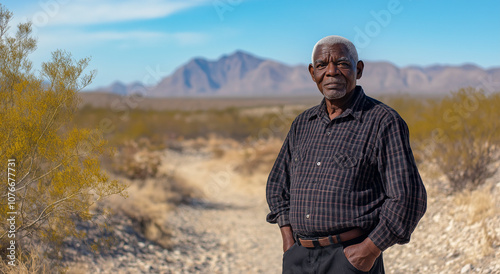 retrato de um homem negro idoso em pé confiantemente em uma trilha no deserto